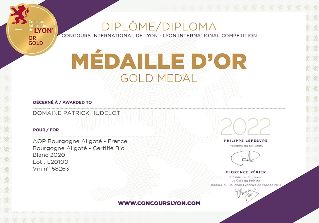 Médaille d'or pour le Bourgogne Aligoté 2020