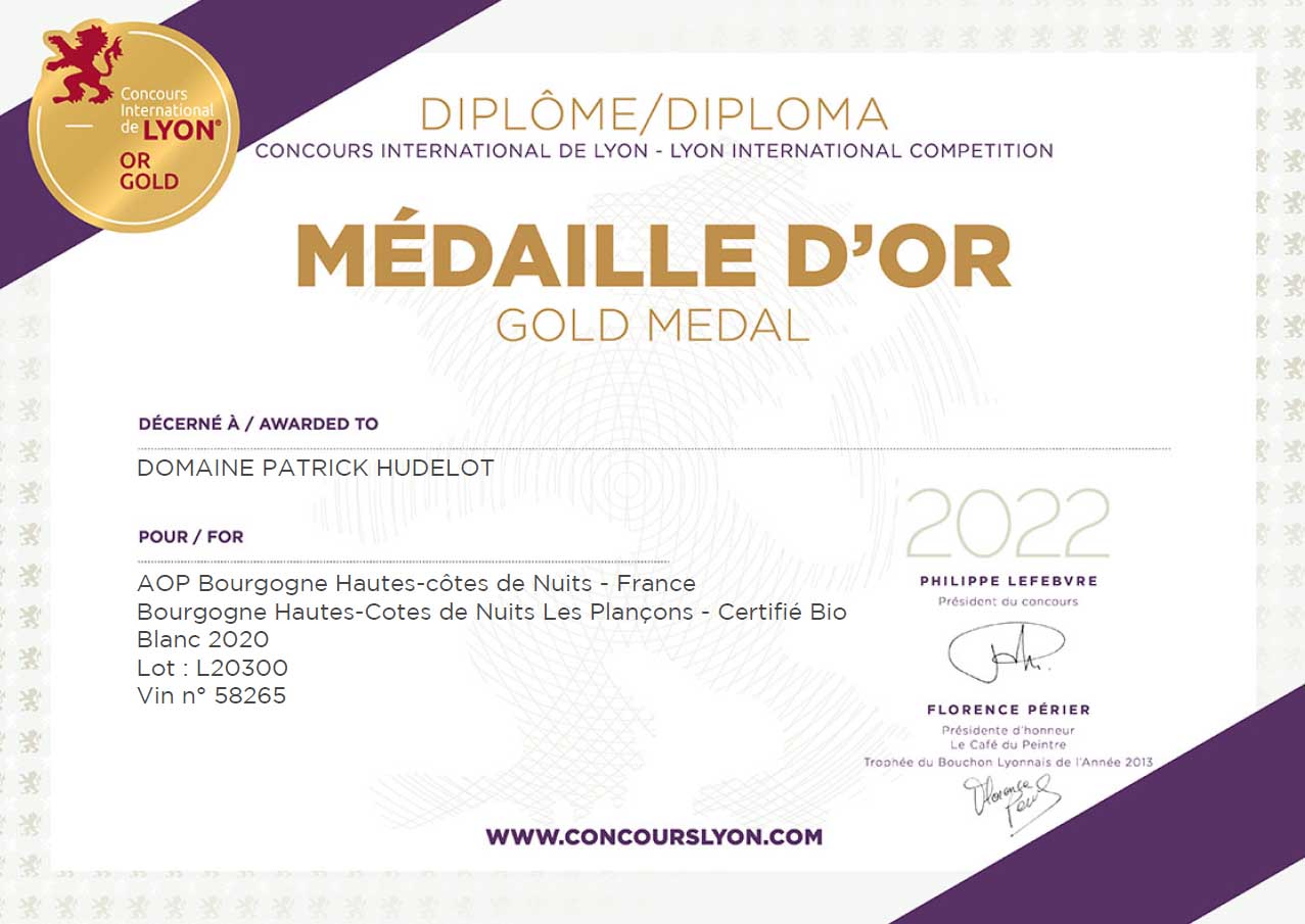 Médaille d'or pour le Bourgogne Hautes-Côtes de Nuits Les Plançons 2020