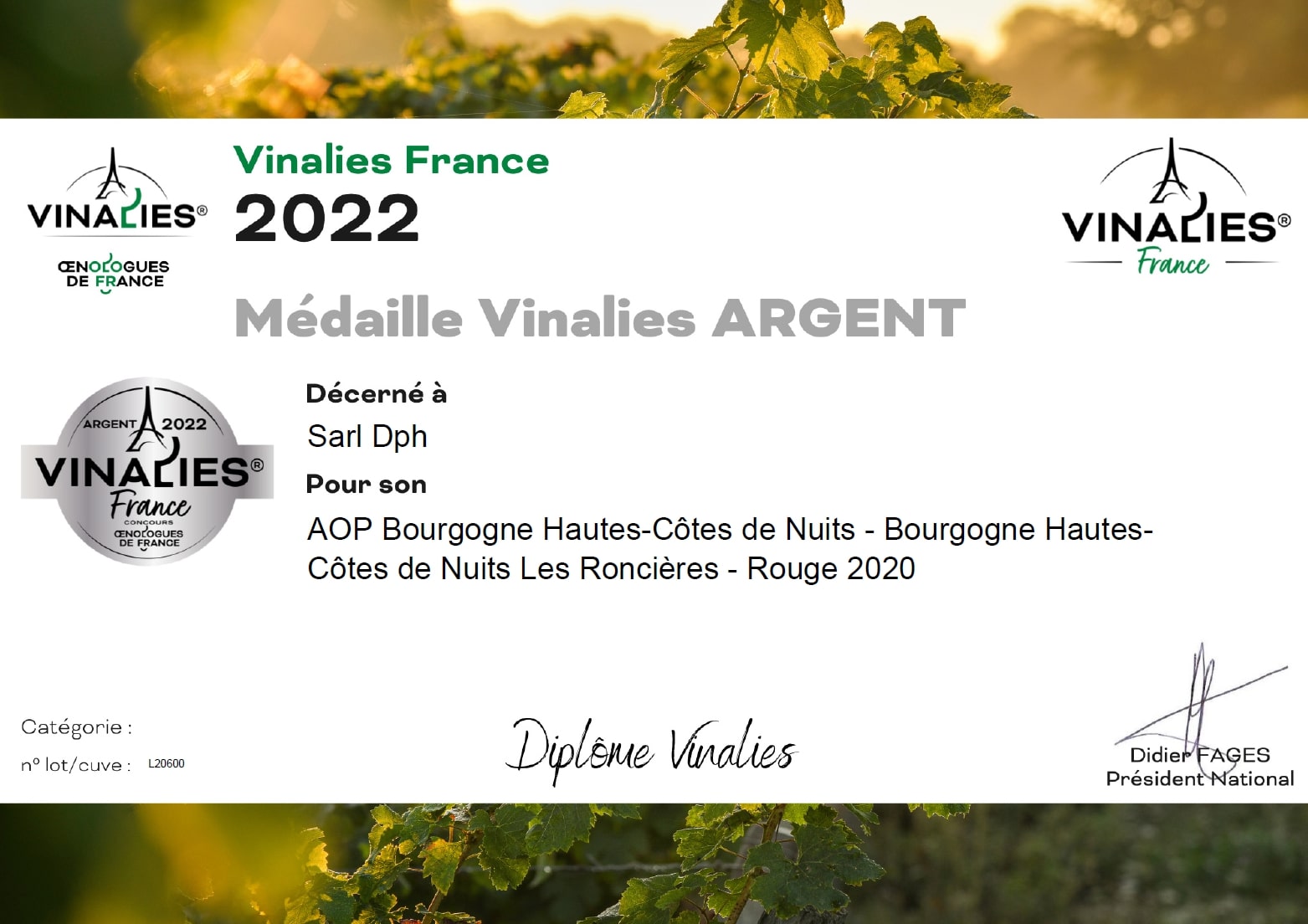 Médaille d'argent pour le Hautes-Côtes de Nuits Les Roncières 2020